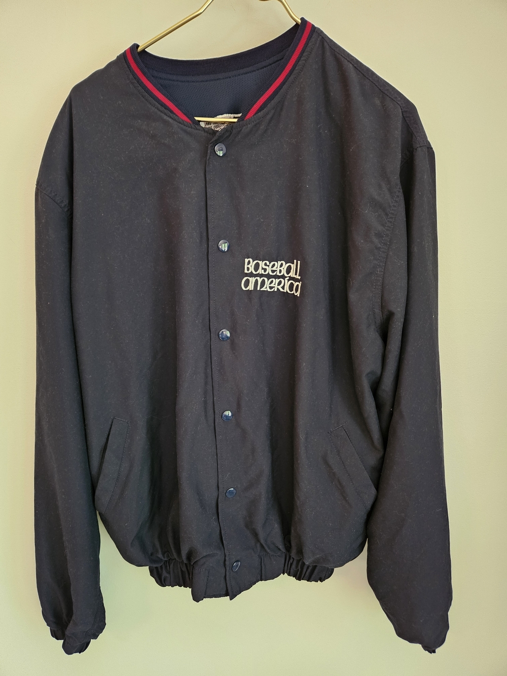 Baseball America Vintage Navy Snap Front Bomber Jacket with Red Trim, XL